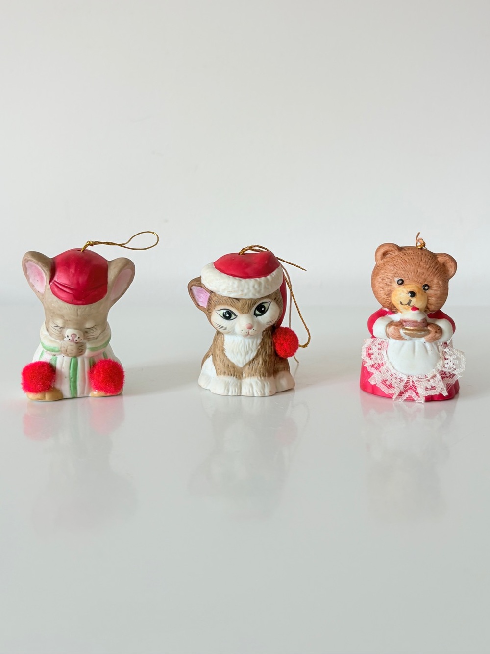3 Vintage Jasco Lil’ Chimers Bell Ornaments Christmas Cat Mouse Bear 1980s